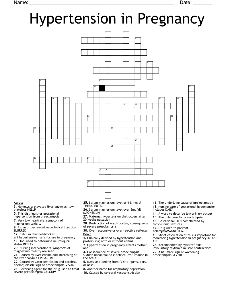 Hypertension in Pregnancy Crossword