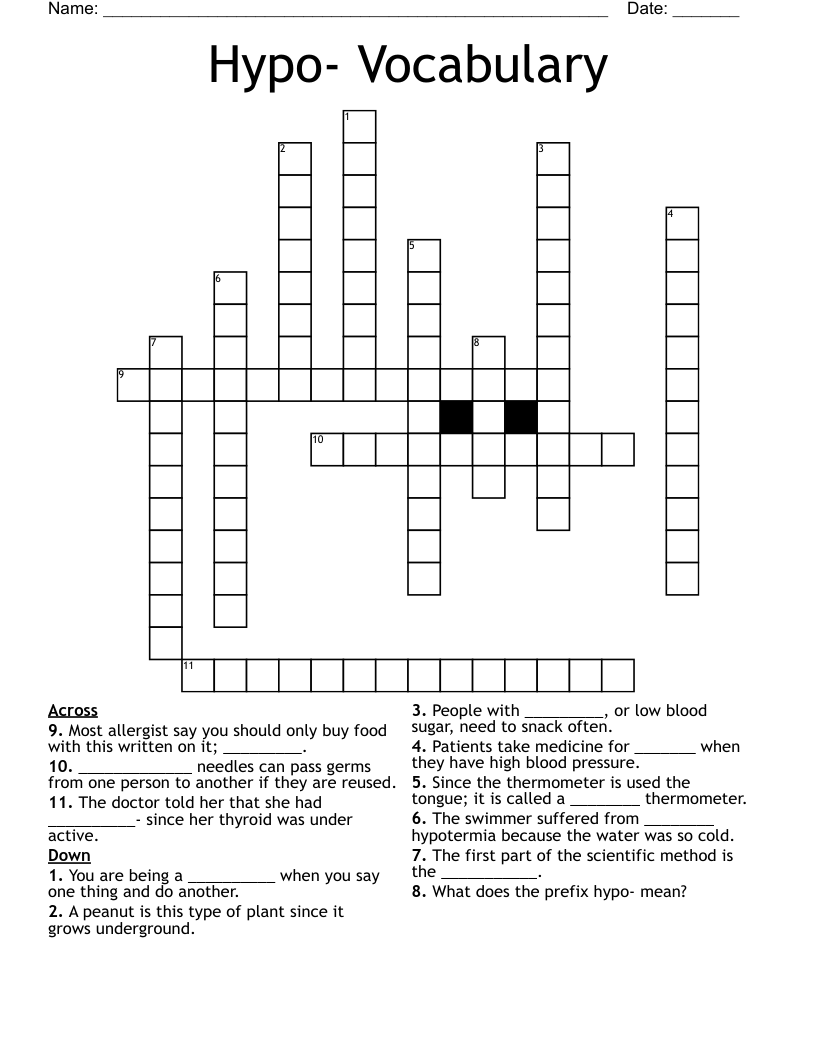 Hypo- Vocabulary Crossword