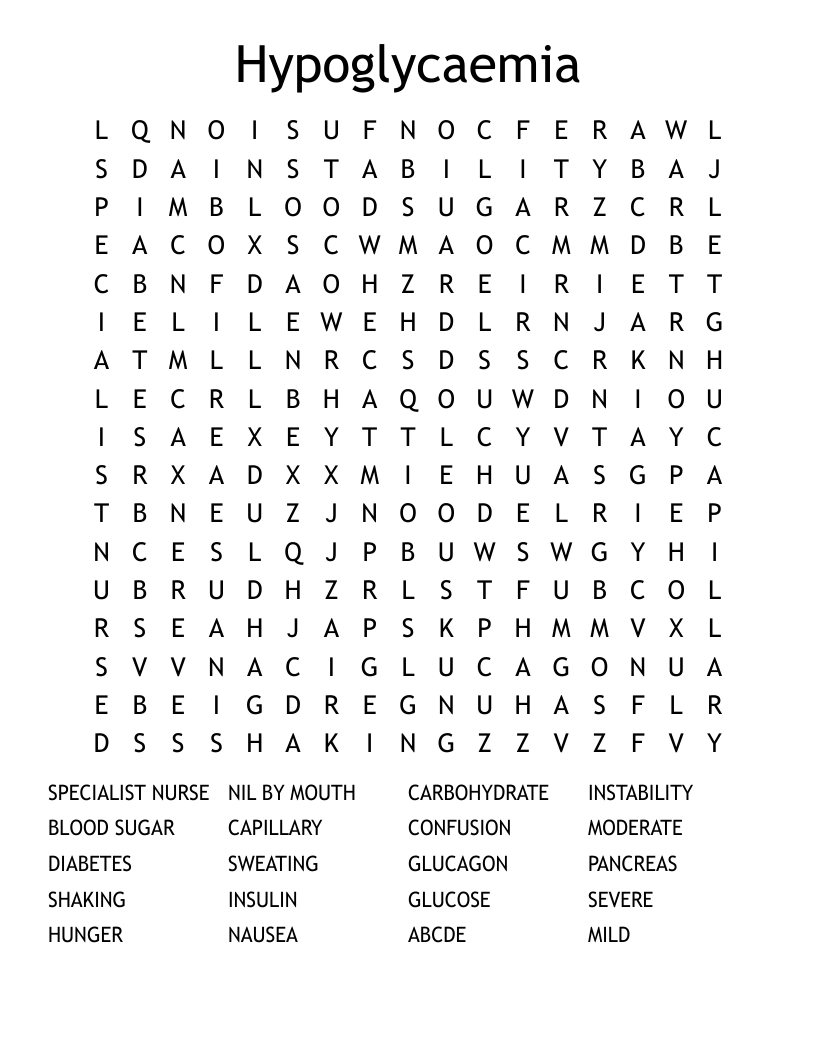 Hypoglycaemia Word Search