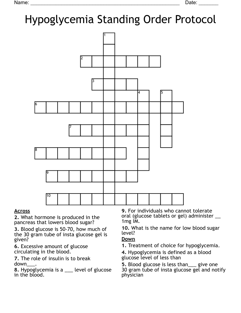 Hypoglycemia Standing Order Protocol Crossword