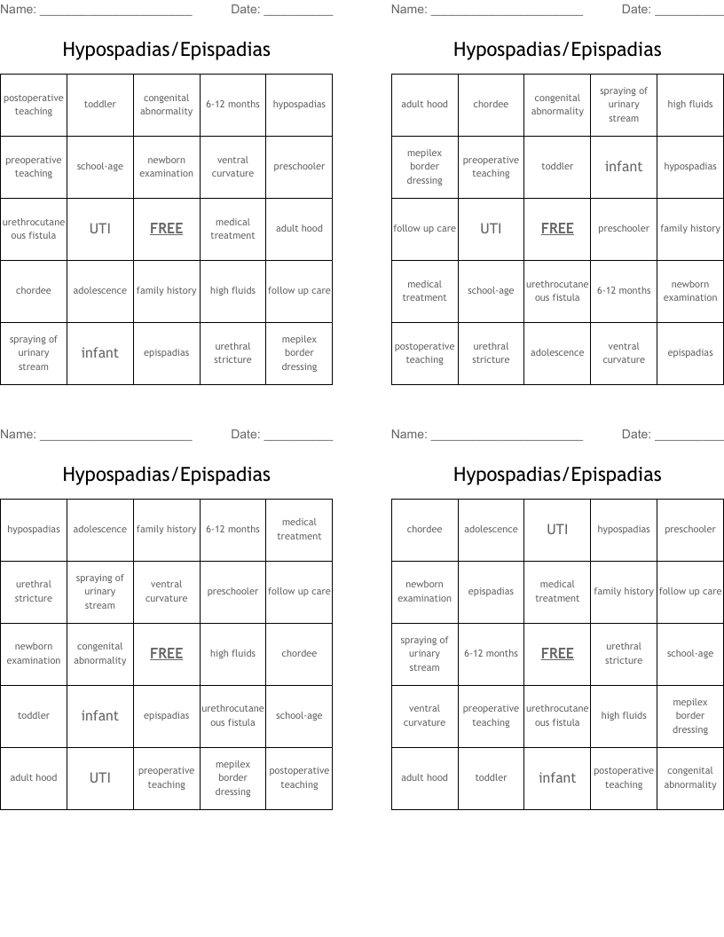 Hypospadias/Epispadias Bingo Cards