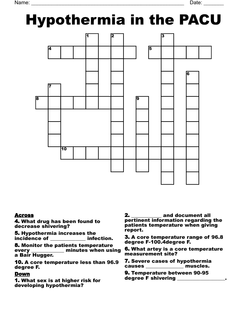 Hypothermia in the PACU Crossword