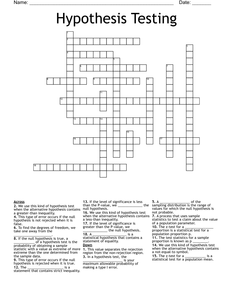 Hypothesis Testing Crossword