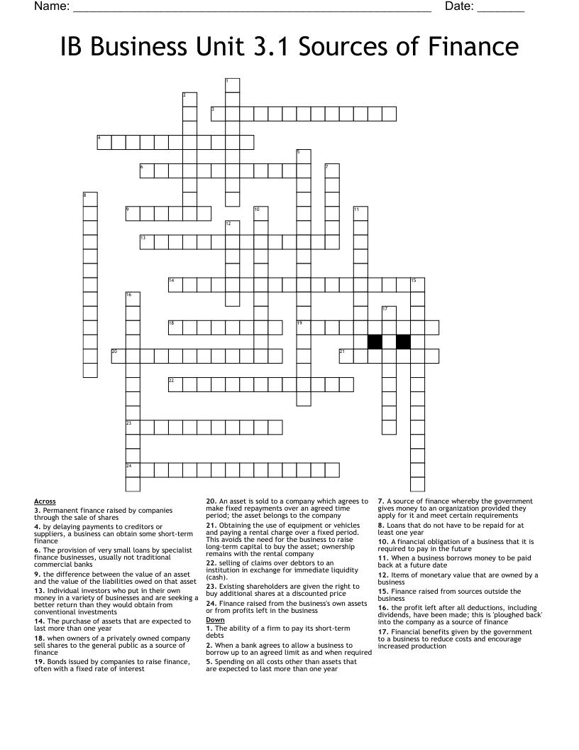 IB Business Unit 3.1 Sources of Finance Crossword