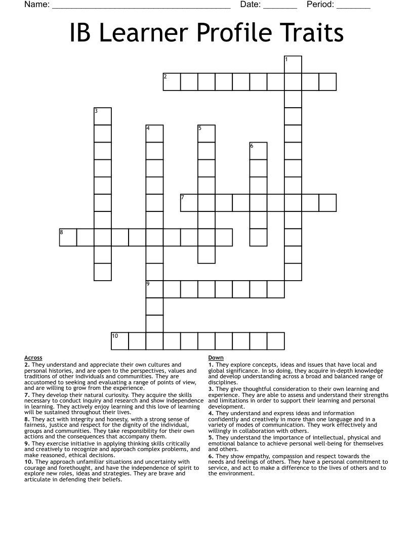 IB Learner Profile Traits Crossword