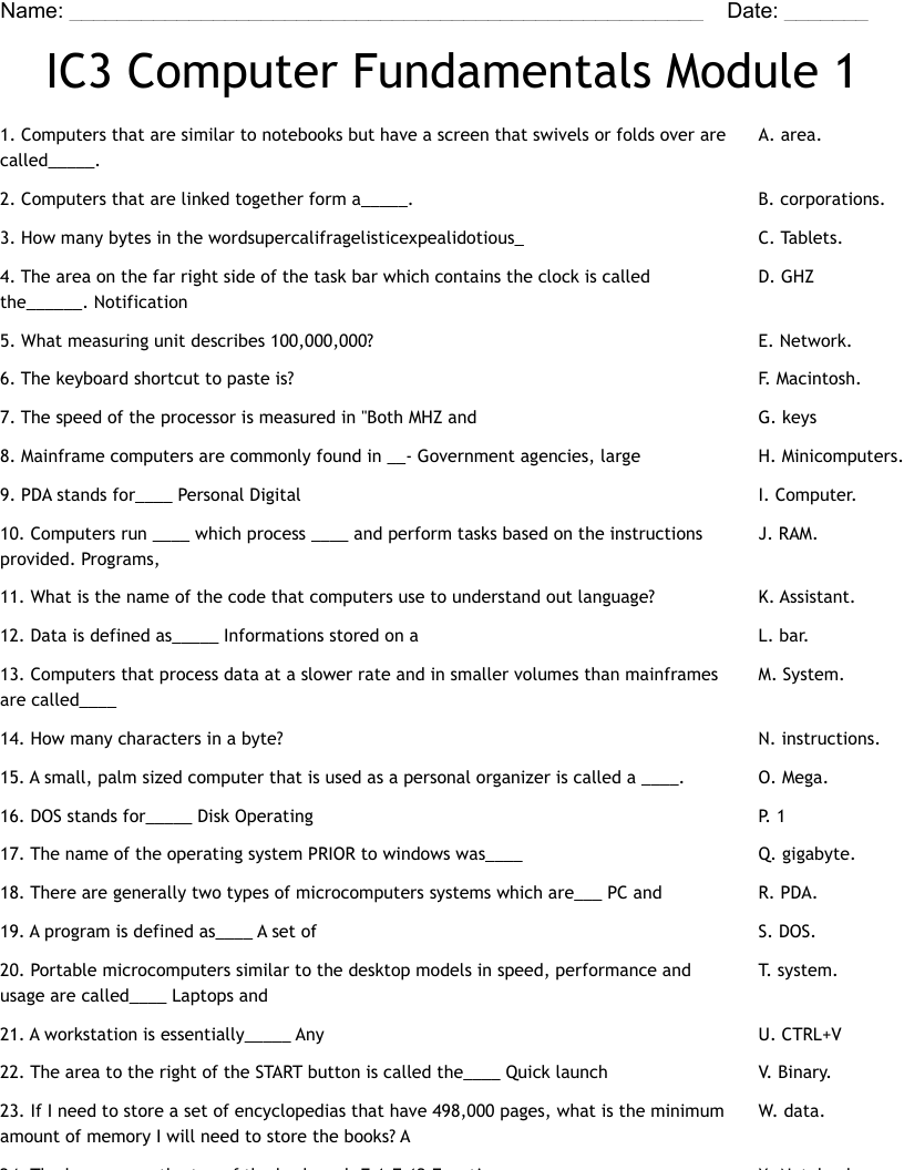 IC3 Computer Fundamentals Module 1 Worksheet
