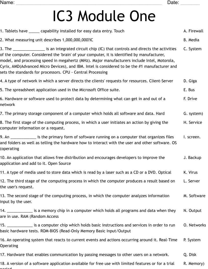 IC3 Module One Worksheet