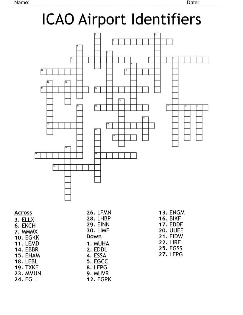 ICAO Airport Identifiers Crossword