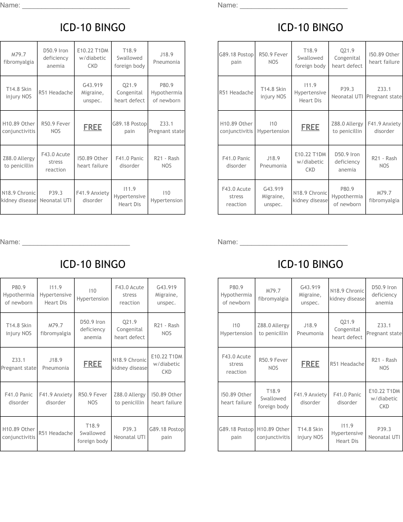 ICD-10 BINGO