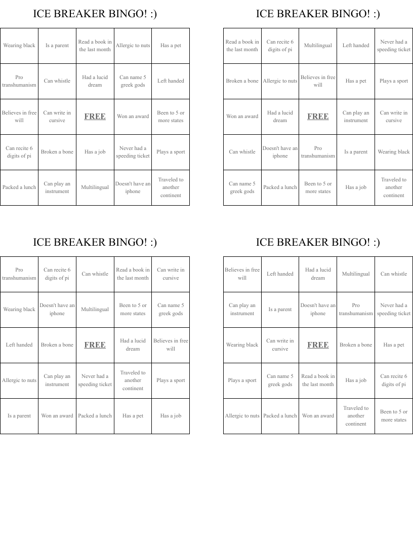 ICE BREAKER BINGO! :)