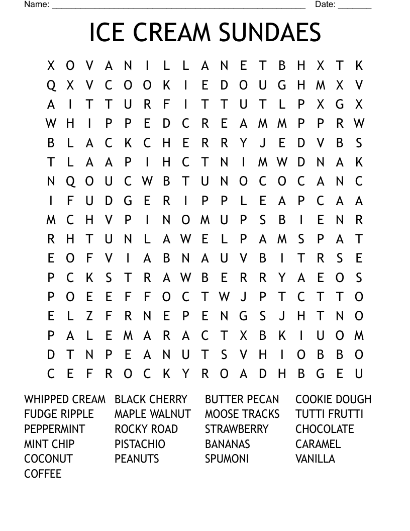 ICE CREAM SUNDAES Word Search