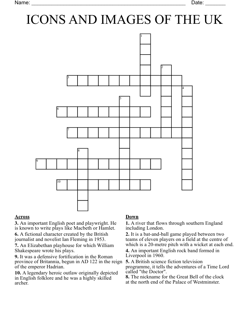 ICONS AND IMAGES OF THE UK Crossword