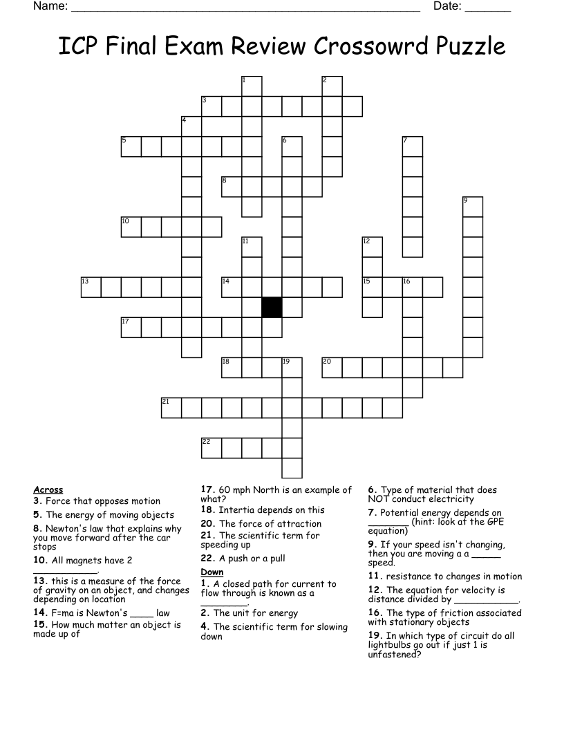 ICP Final Exam Review Crossowrd Puzzle Crossword