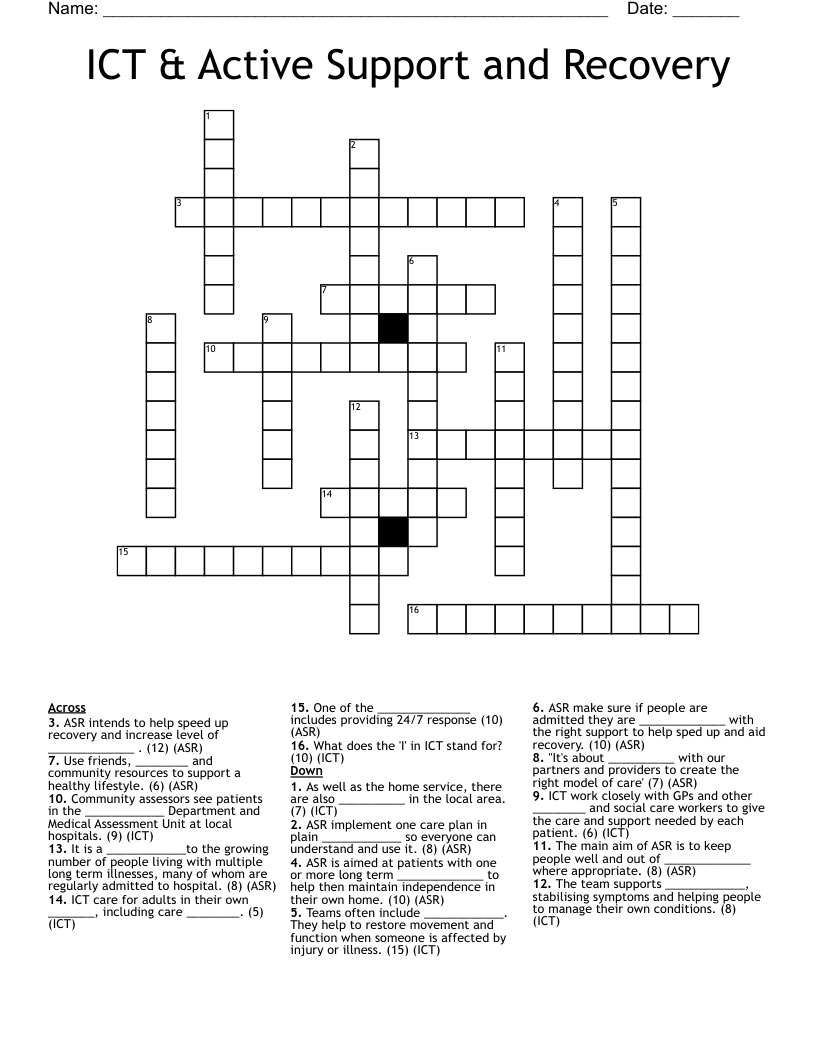 ICT & Active Support and Recovery Crossword