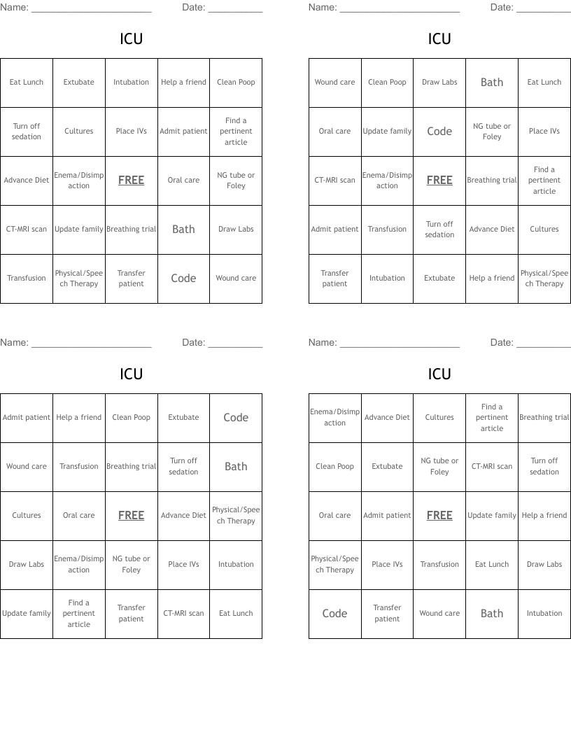 ICU Bingo Cards