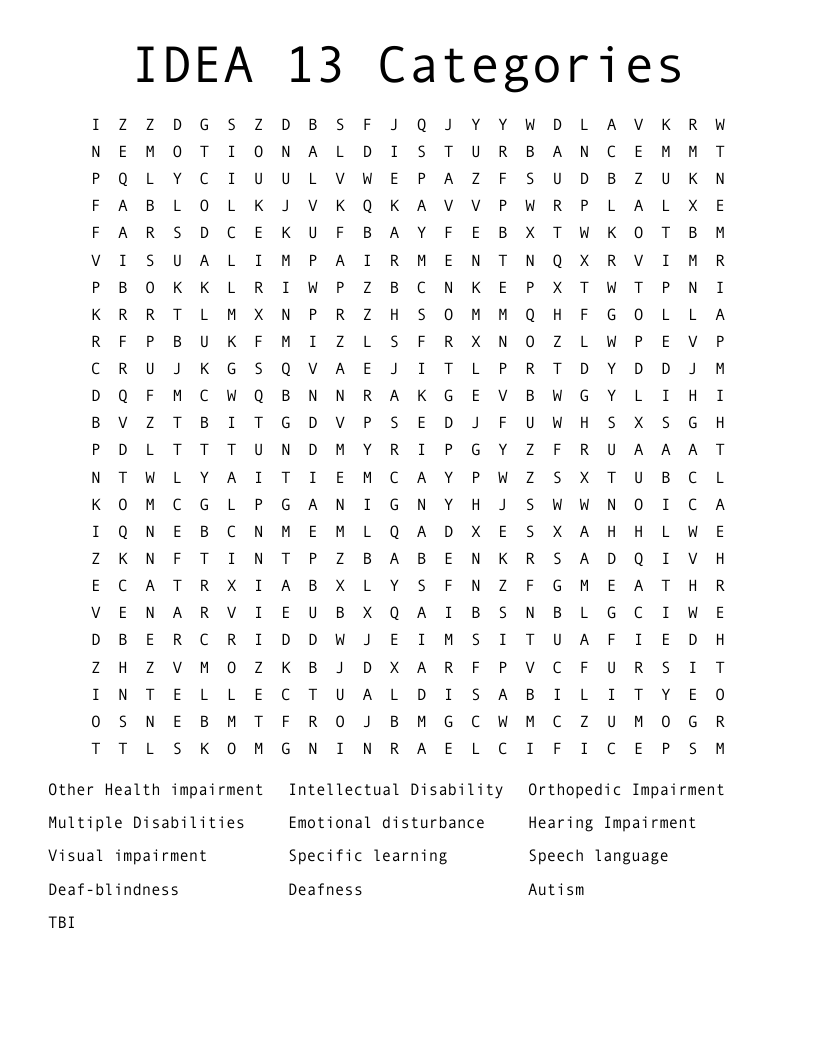 IDEA 13 Categories Word Search