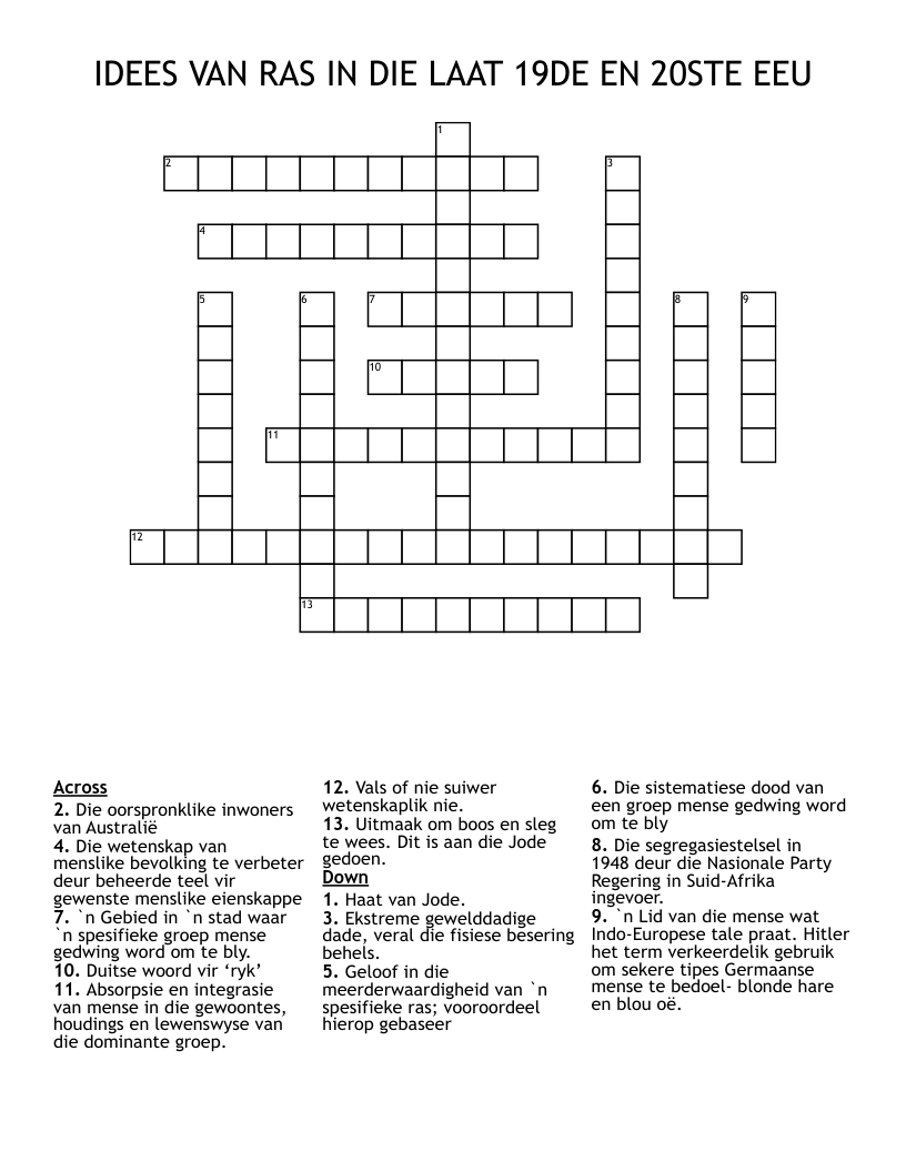IDEES VAN RAS IN DIE LAAT 19DE EN 20STE EEU Crossword