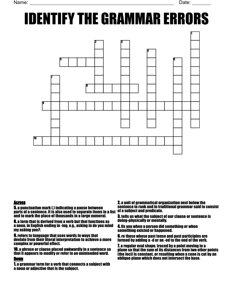 IDENTIFY THE GRAMMAR ERRORS Crossword