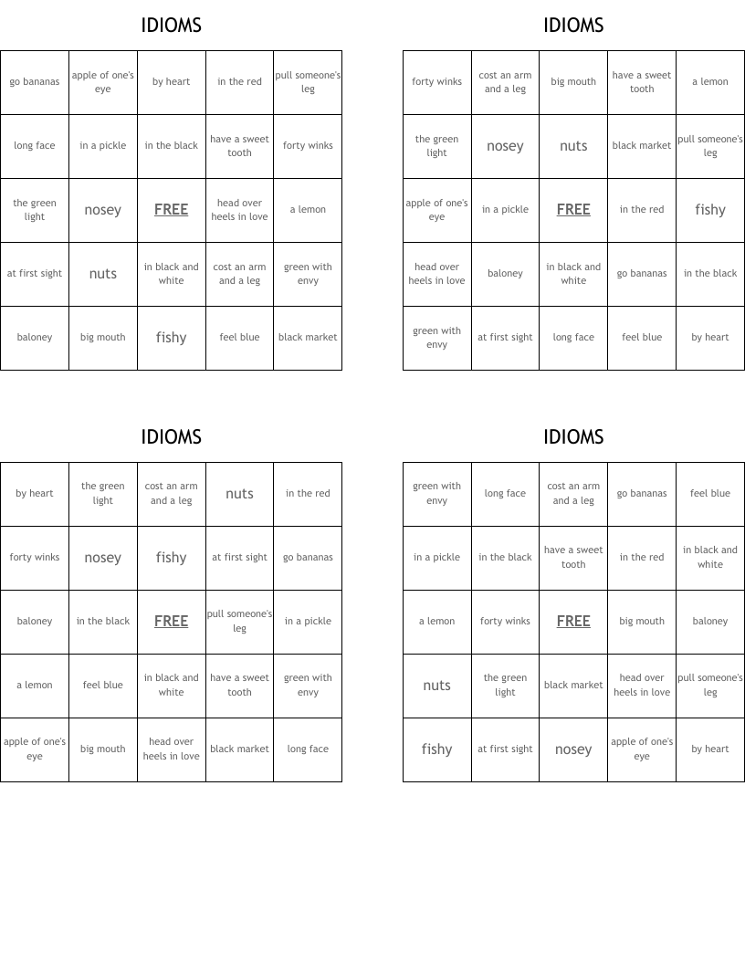 IDIOMS Bingo Cards
