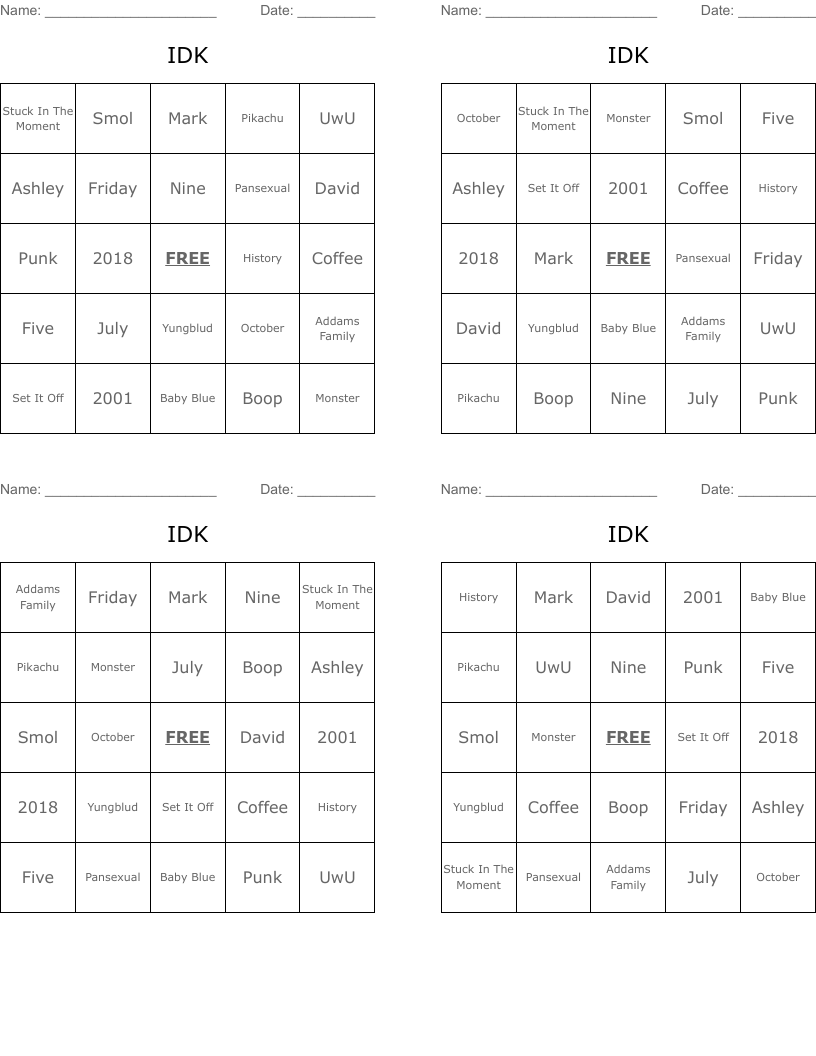 IDK Bingo Cards