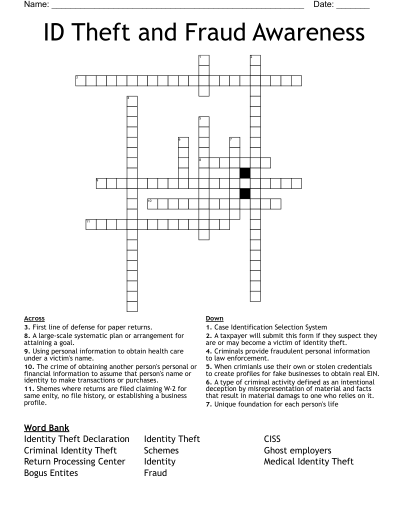 ID Theft and Fraud Awareness Crossword