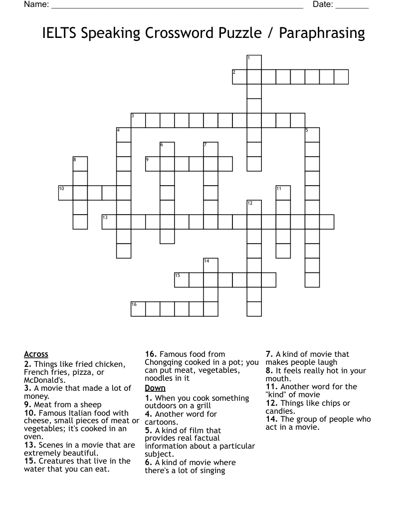 IELTS Speaking Crossword Puzzle / Paraphrasing