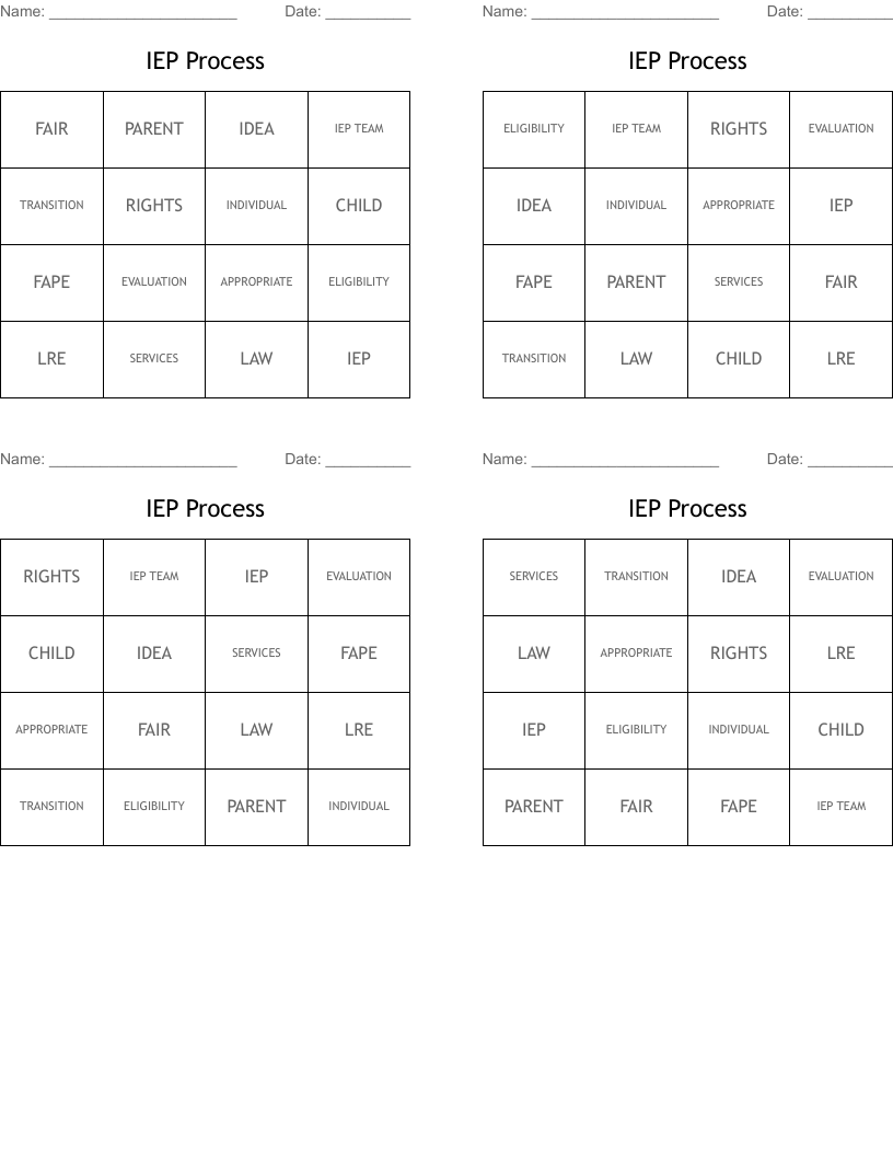 IEP Process Bingo Cards