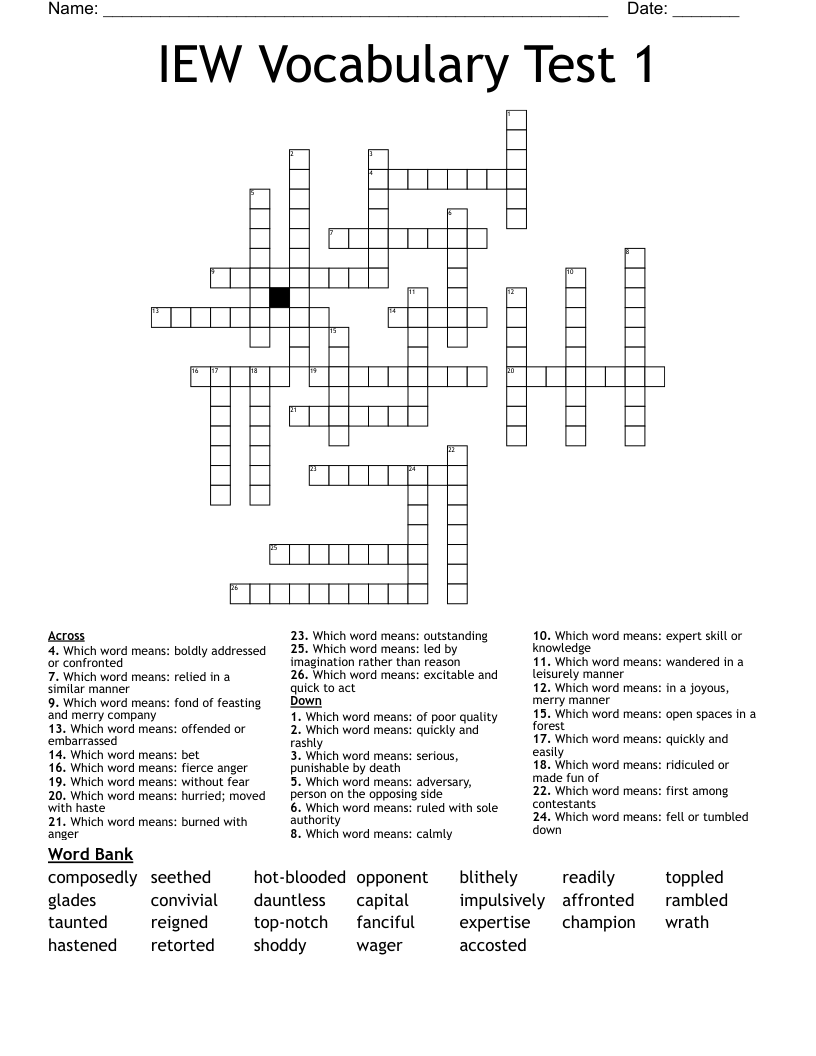 IEW Vocabulary Test 1 Crossword