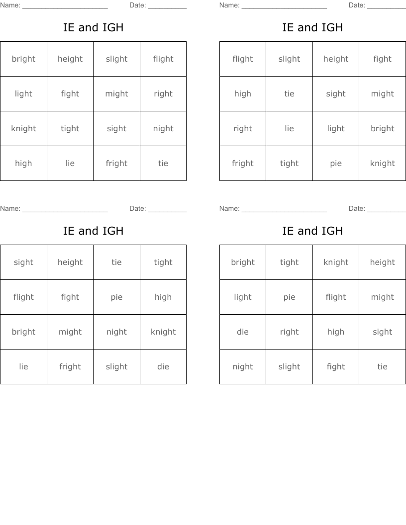 IE  and  IGH Bingo Cards