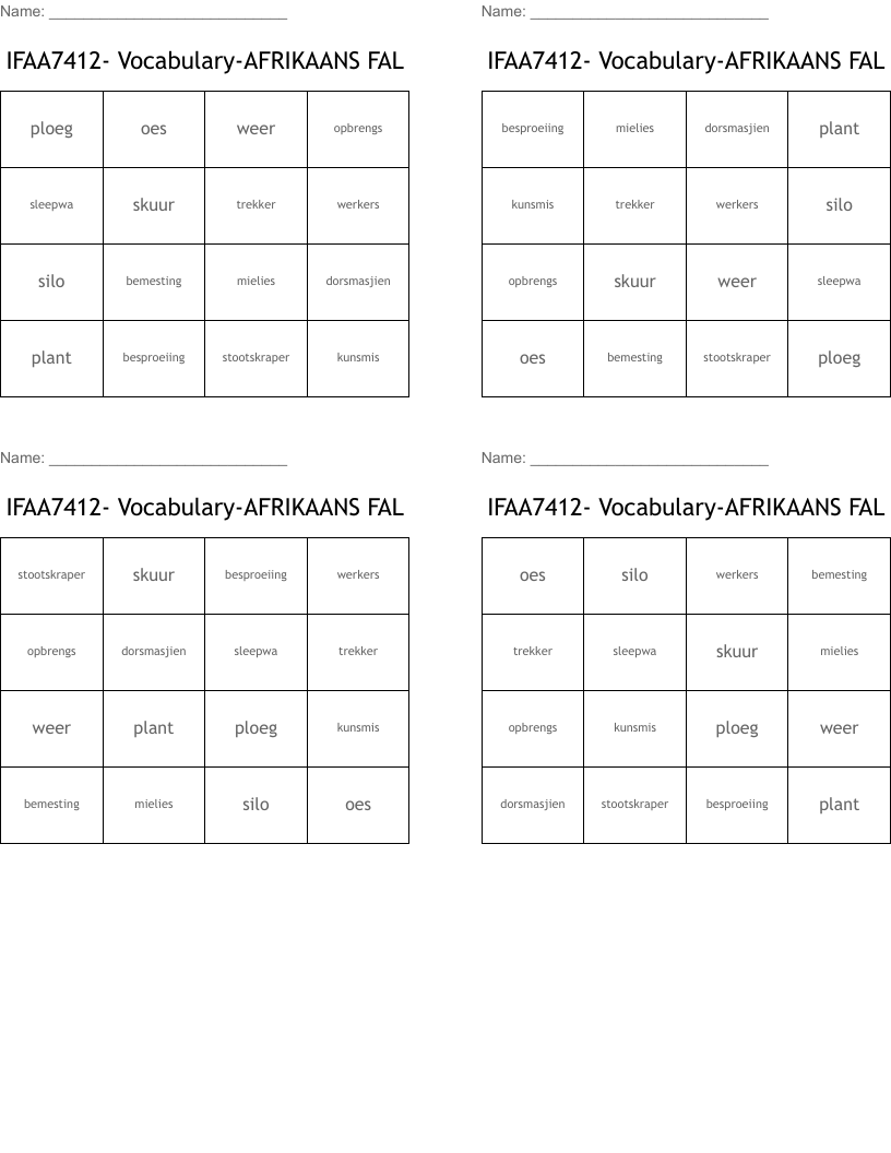 IFAA7412- Vocabulary-AFRIKAANS FAL Bingo Cards