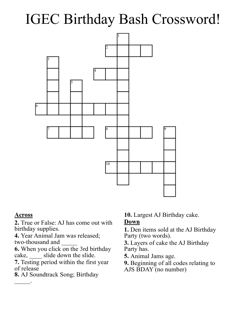 IGEC Birthday Bash Crossword!