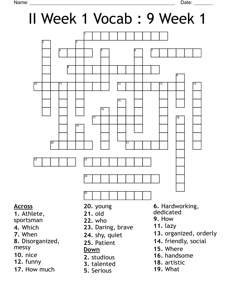II Week 1 Vocab :  9 Week 1 Crossword