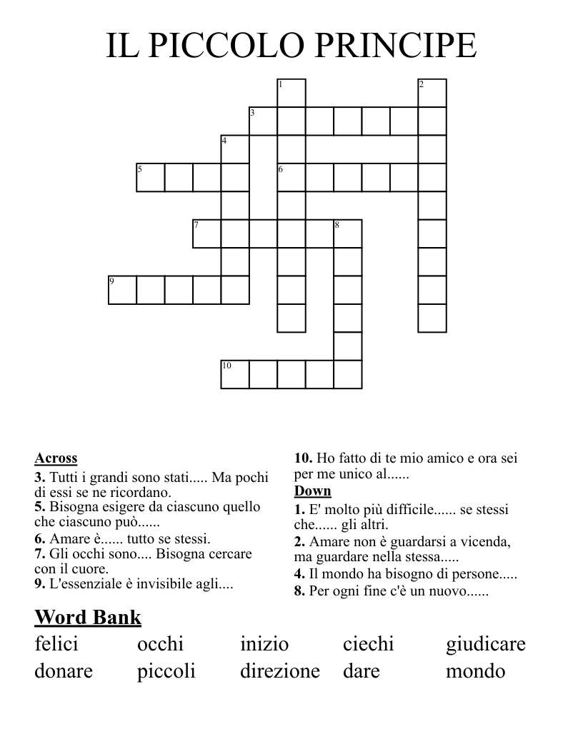 IL PICCOLO PRINCIPE Crossword