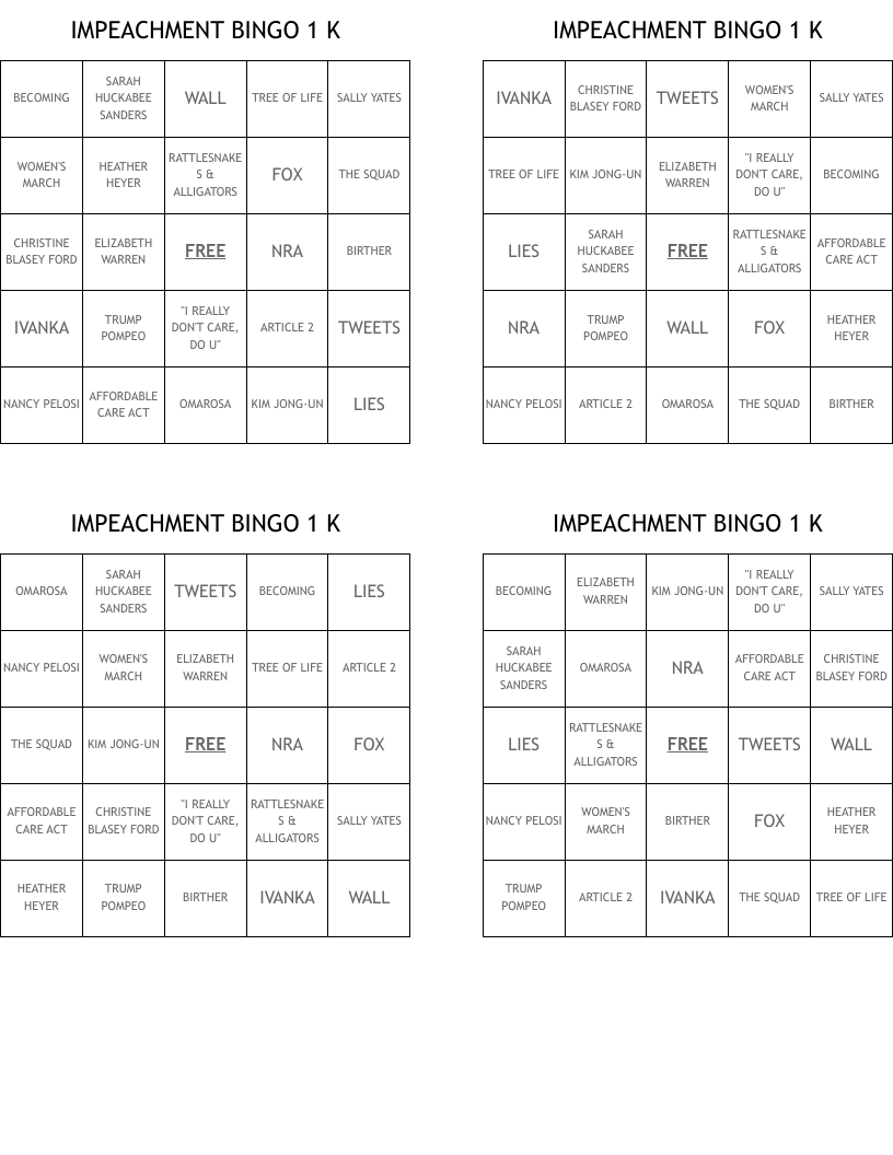 IMPEACHMENT BINGO 1 K