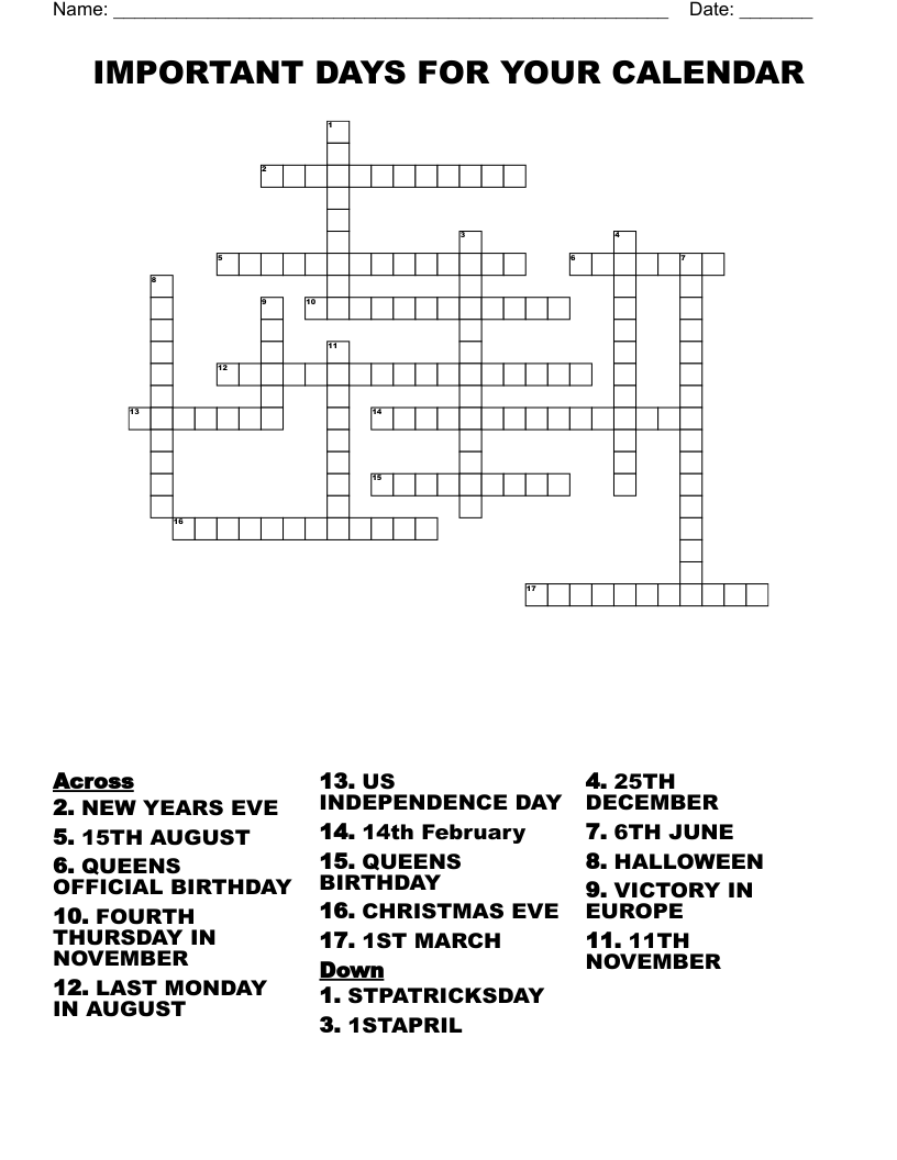 IMPORTANT DAYS FOR YOUR CALENDAR Crossword