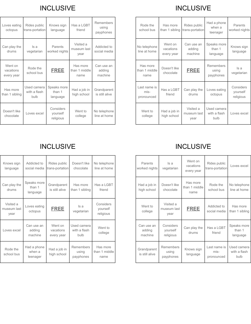 INCLUSIVE Bingo Cards