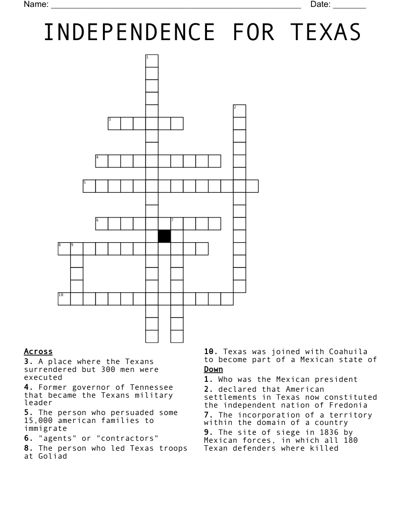 INDEPENDENCE FOR TEXAS Crossword