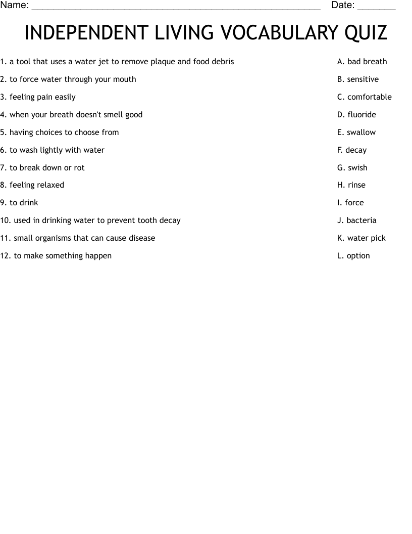 INDEPENDENT LIVING VOCABULARY QUIZ  Worksheet