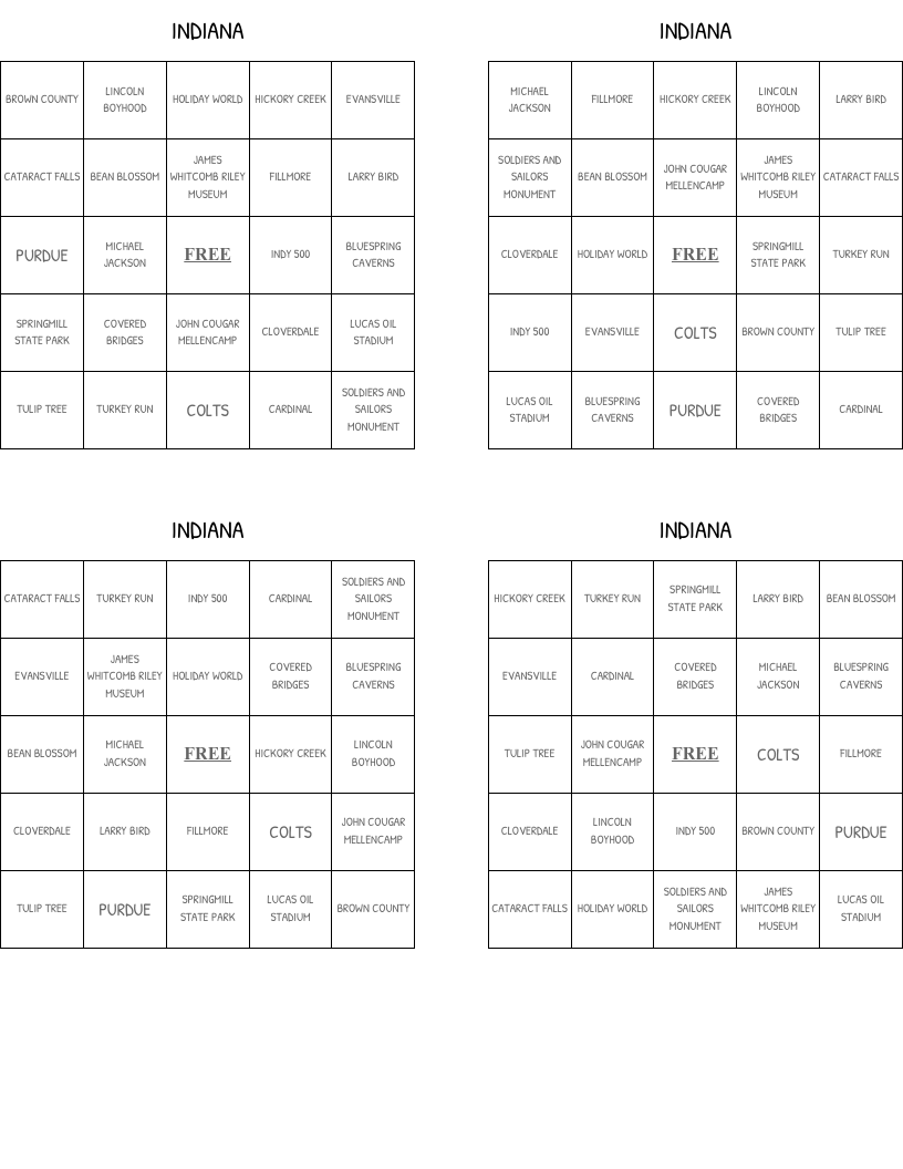 INDIANA Bingo Cards