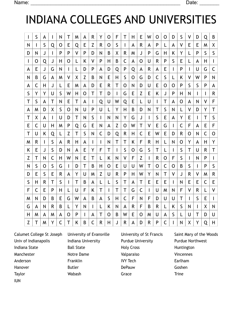 INDIANA COLLEGES AND UNIVERSITIES Word Search