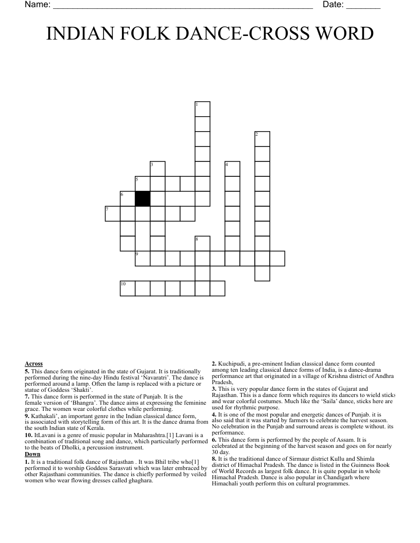 INDIAN FOLK DANCE-CROSS WORD 