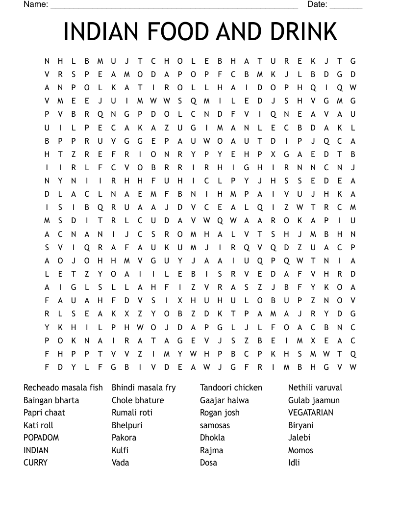 INDIAN FOOD AND DRINK Word Search