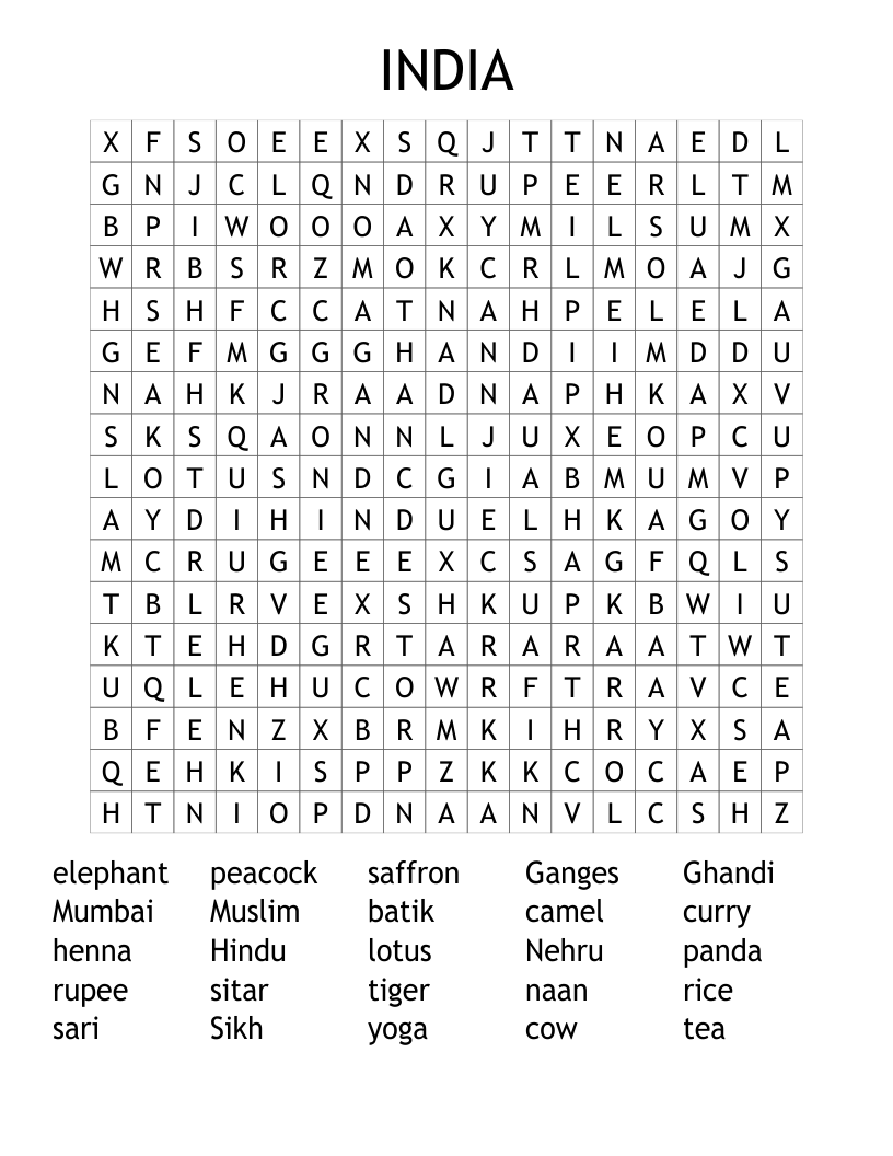 INDIA Word Search