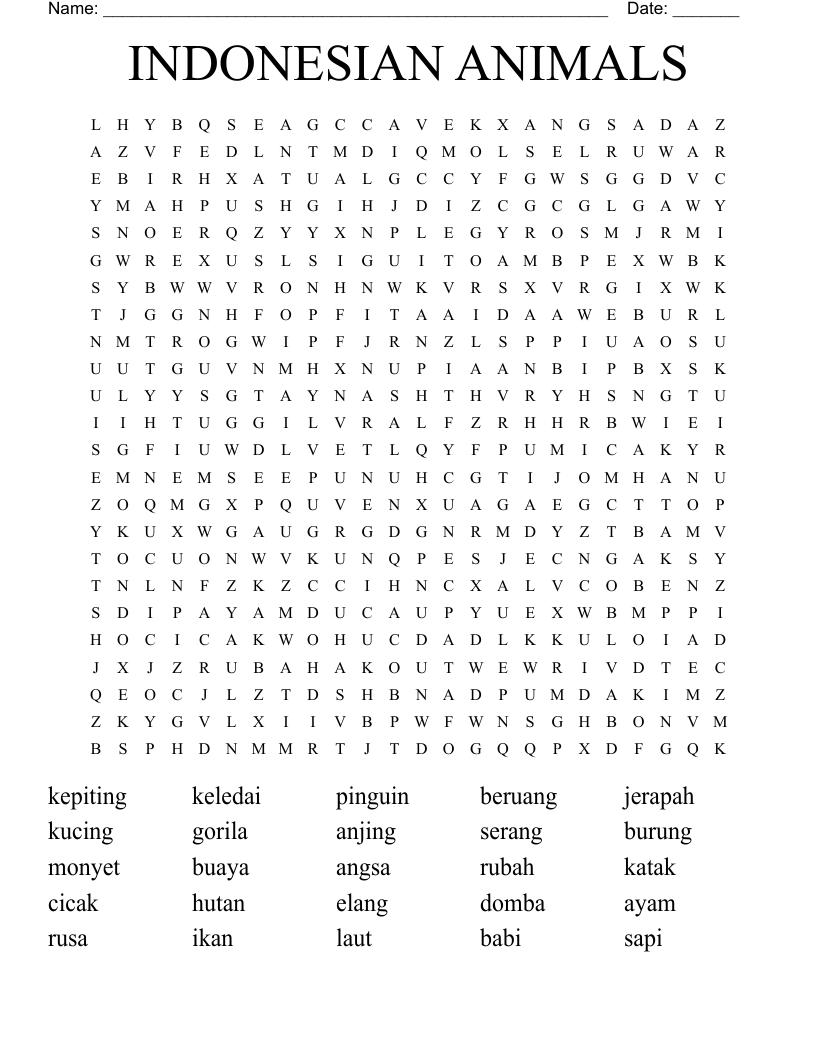 INDONESIAN ANIMALS Word Search