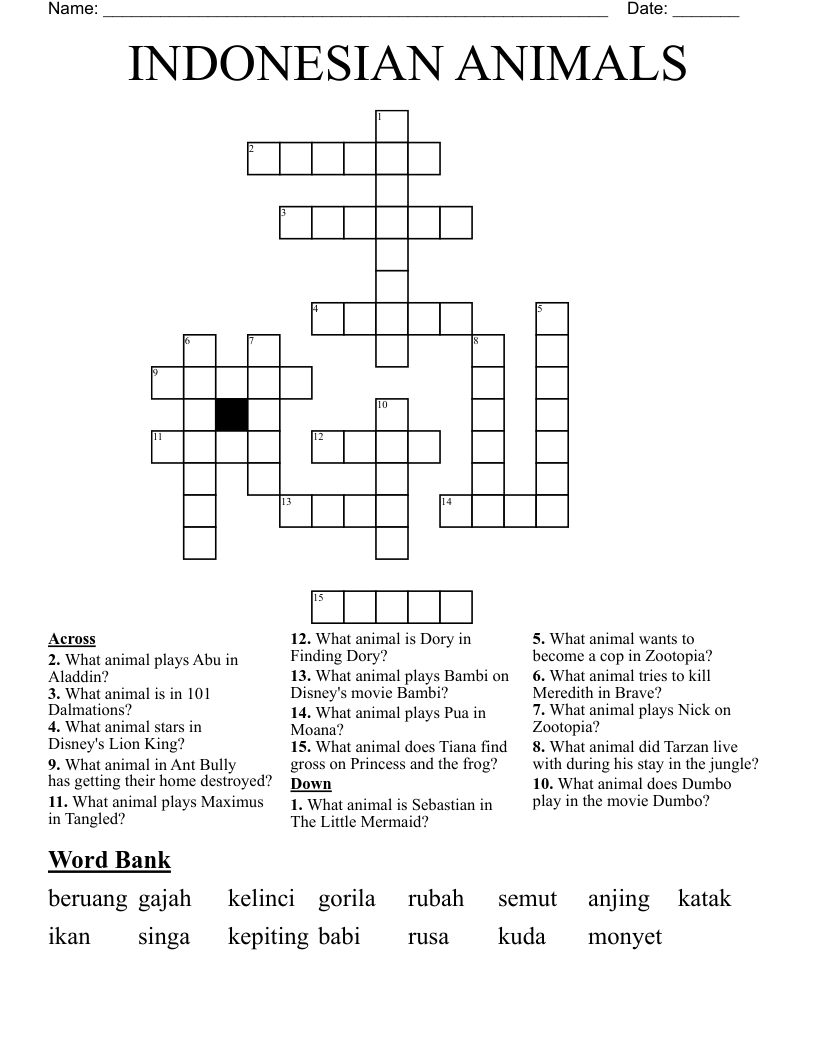 INDONESIAN ANIMALS Crossword
