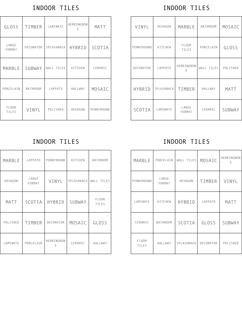 INDOOR TILES Bingo Cards