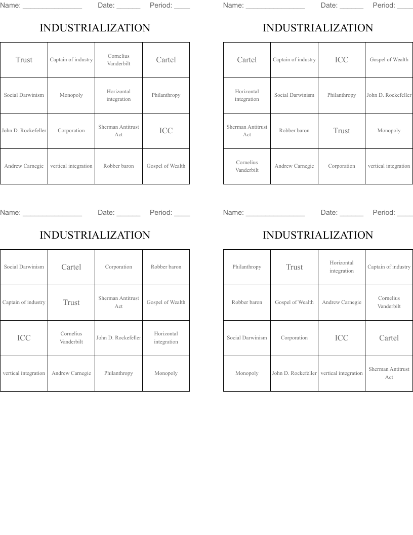 INDUSTRIALIZATION Bingo Cards