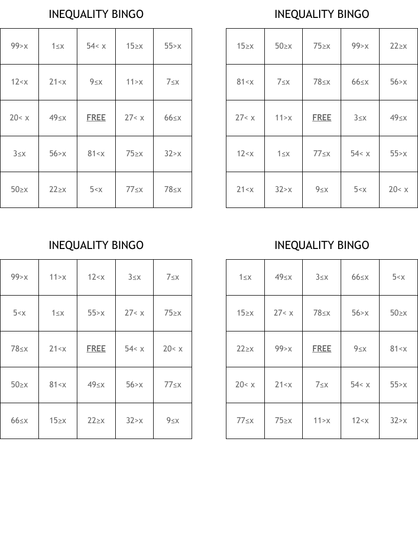 INEQUALITY BINGO