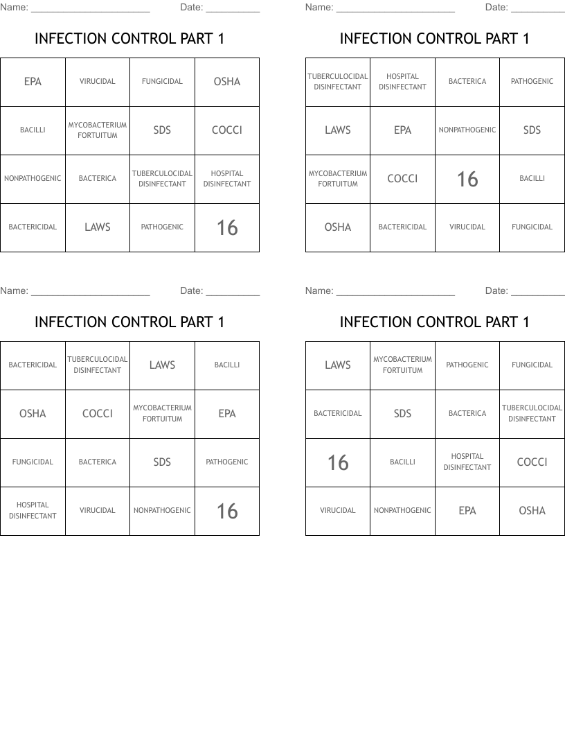 INFECTION CONTROL PART 1 Bingo Cards