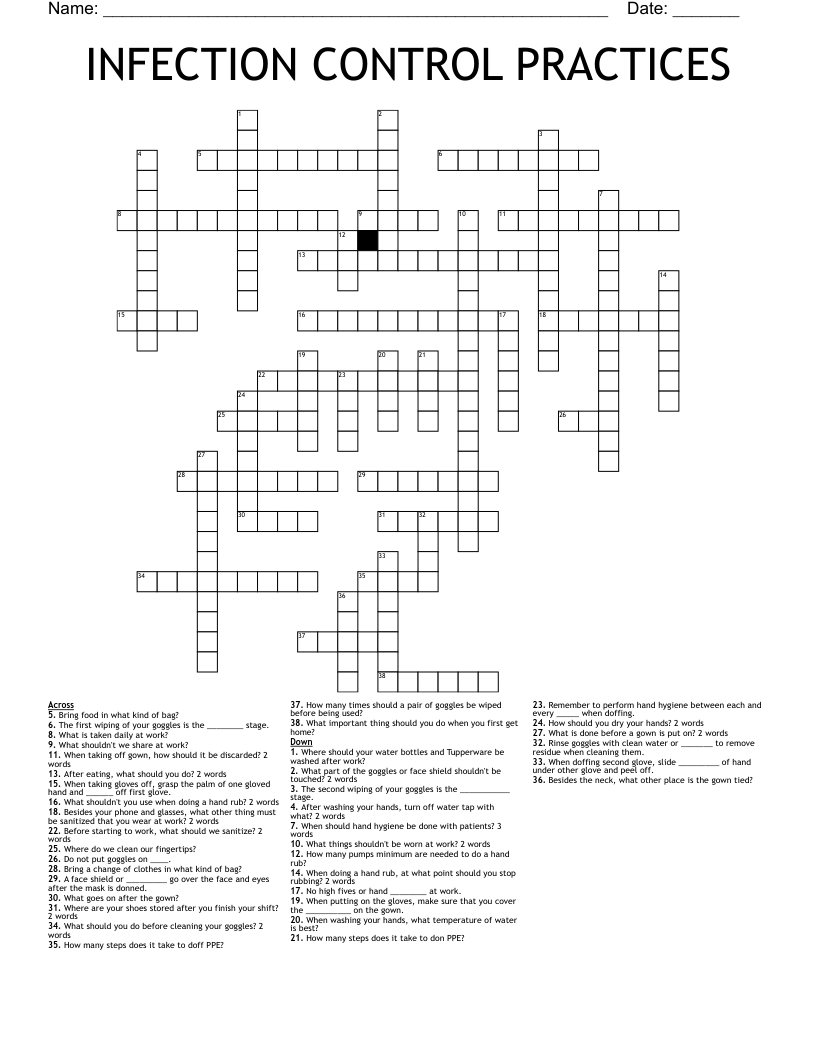 INFECTION CONTROL PRACTICES Crossword